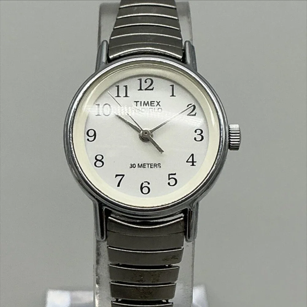 Timex Indiglo Womens Watch 23mm White Dial Silver Tone Stretch Band New Battery